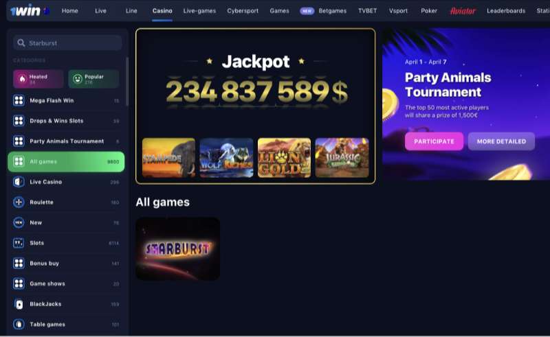 Starburst bei 1win online casino spielen - Anmeldung