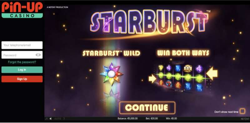Starburst NetEnt game at Pin Up online casino - registration