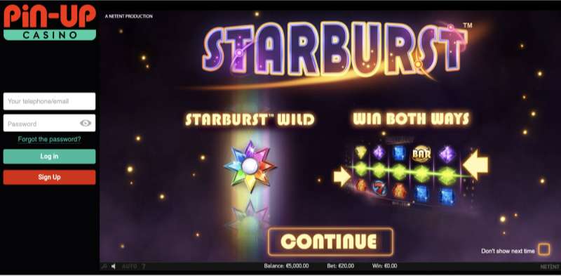 Starburst NetEnt jogo no Pin Up casino online - registo